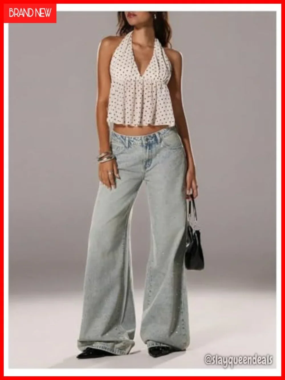 Polka Dots Tie Backless Halter Crop Tank Top Ruffle Hem Peplum